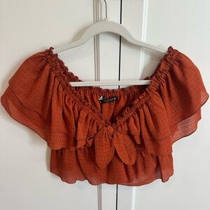 Zara Brown and Orange Puff Sleeve Crop Blouse